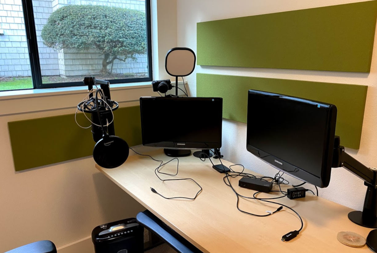 Picture of podcast studio with three green acoustic panels