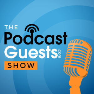Cover image for The Podcast Guests Show podcast has a microphone on blue background